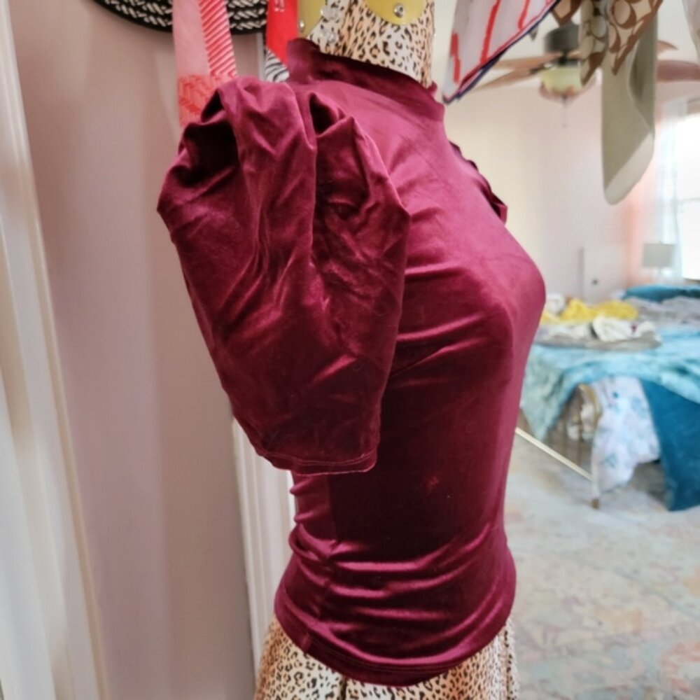 Forever 21 Velvet Puff Sleeve High Neck Burgundy Top
